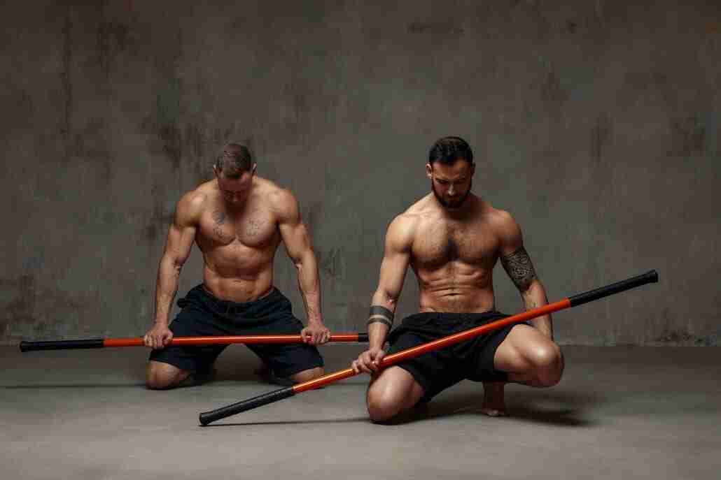 Two men krav maga cross fit fighters with wooden fight stick posing in studio, fight demonstration